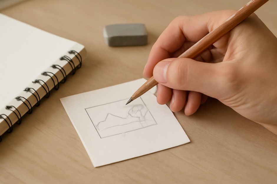 Hand holding pencil over a small sketch