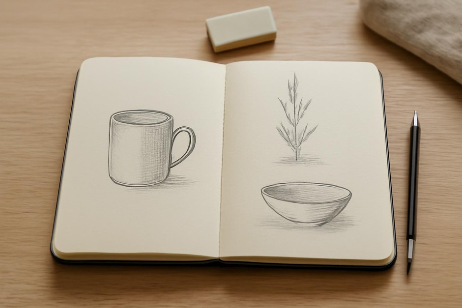 Open sketchbook with simple observational drawings
