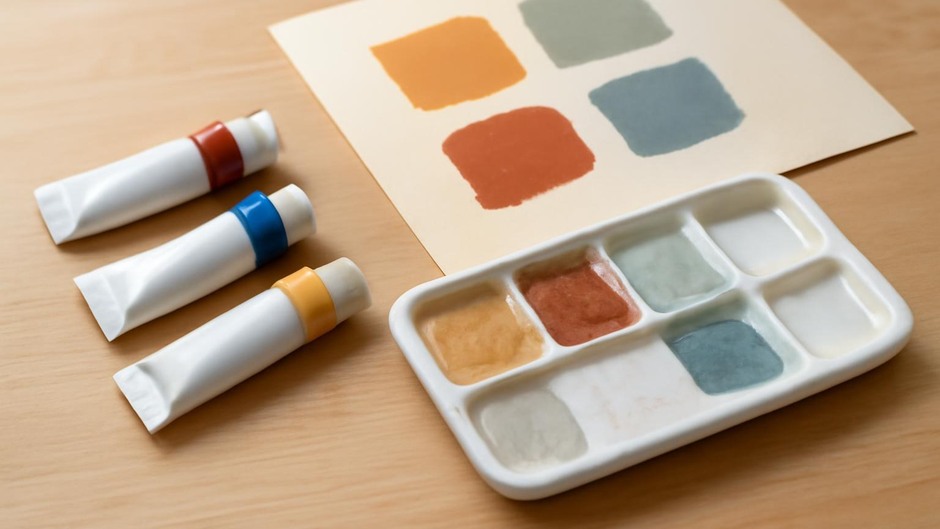 Three paints and a palette with mixed swatches