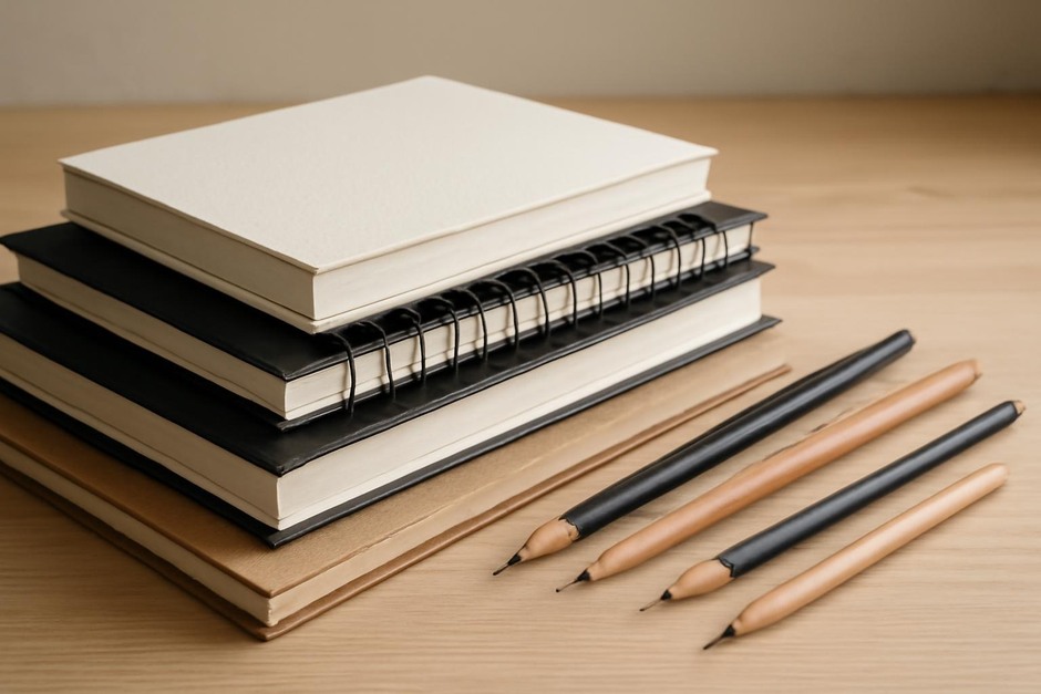Stack of sketchbooks and pencils
