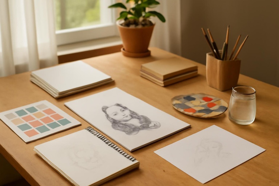 Abstract art desk with color swatches, brush marks, and sketchbook studies.