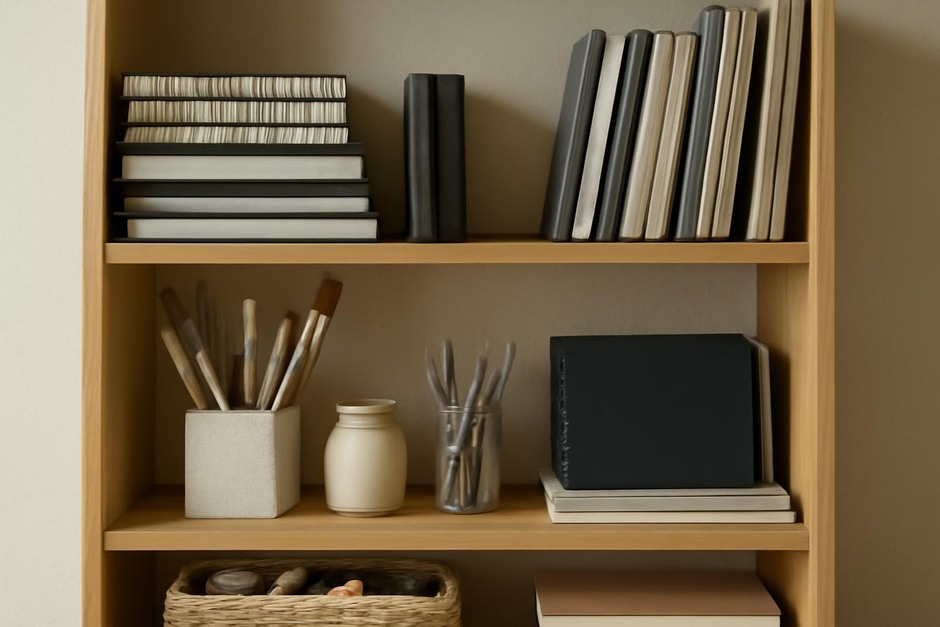Shelves with sketchbooks and art supplies neatly stored
