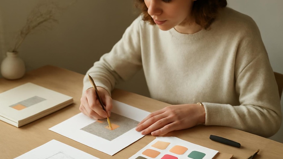 Bright studio image with paint textures, paper layers, and geometric color blocks.